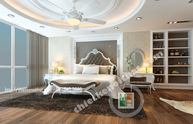 Thiết kế phòng ngủ với nội thất gỗ tông màu trắng hiện đại tạo cảm giác rộng thoáng, sang trọng Thiết kế phòng ngủ