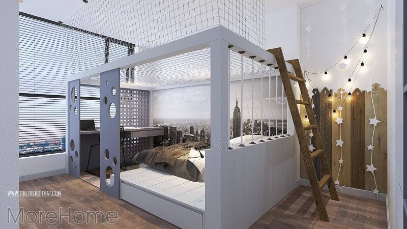 Tranh dán tường hình thành phố tạo nên sự rộng lớn cho căn phòng ngủ