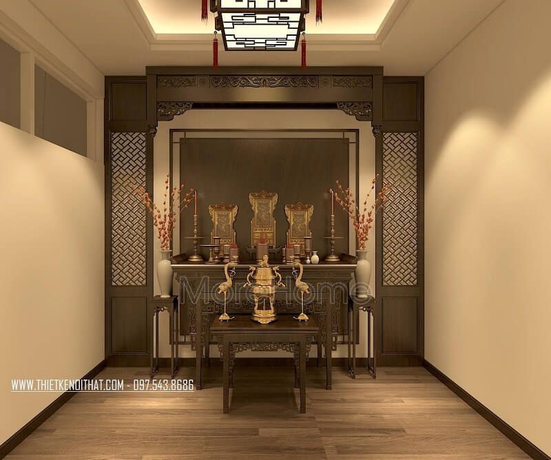 Mẫu thiết kế nội thất phòng thờ trang trọng tại biệt thự An Bình City với tông màu nâu sáng tinh tế.