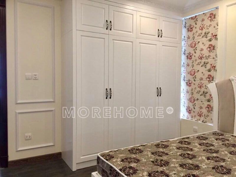 Thi công tủ quần áo 2 buồng 4 cánh bằng gỗ tự nhiên phun sơn trắng cho phòng ngủ biệt thự FLC Thanh Hóa