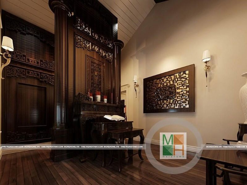Không gian phòng thờ với nội thất gỗ tự nhiên màu trầm sang trọng tạo không gian yên tĩnh và linh thiêng nhất