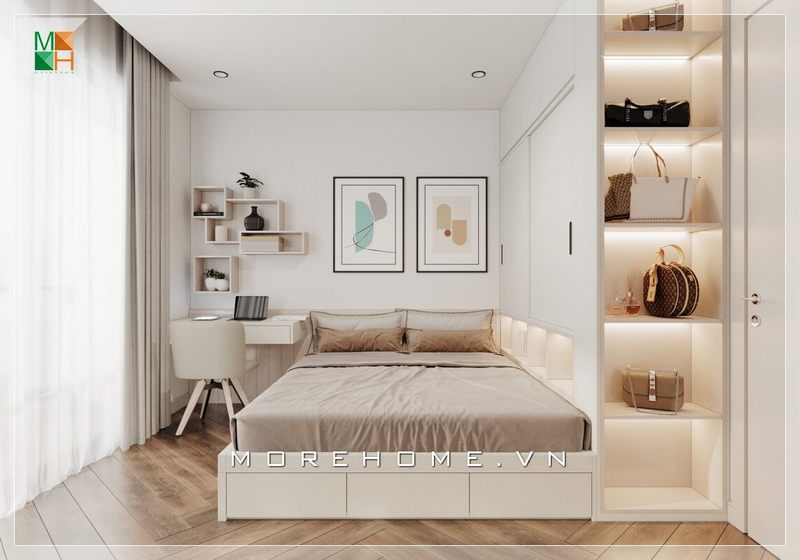 Mẫu thiết kế phòng ngủ có diện tích vừa và nhỏ mà vẫn đầy đủ tiện nghi nhờ sự bố trí nội thất hợp lý phong cách hiện đại cho chung cư, nhà phố