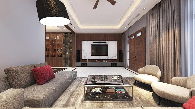 Thiết kế tường phòng khách đẹp với điểm nhấn từ đá trắng vân mây kết hợp cùng gỗ ốp tường cao cấp.