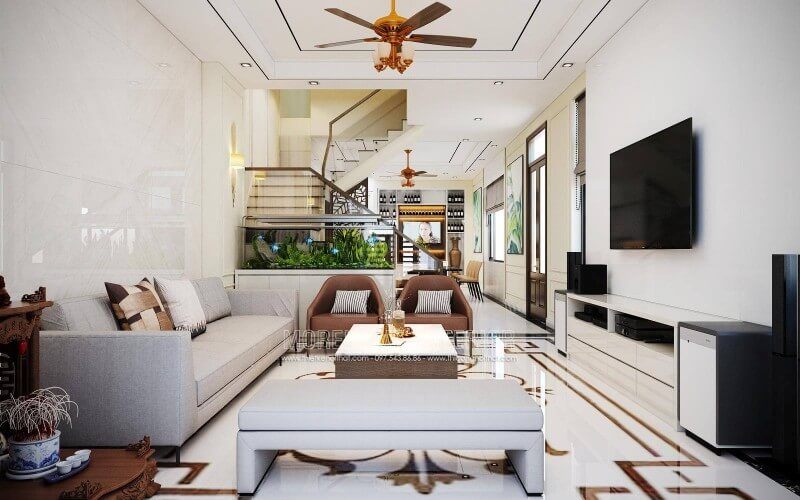 Thiết kế nội thất hiện đại với tông màu trắng-đen nổi bật cho phòng khách ấn tượng